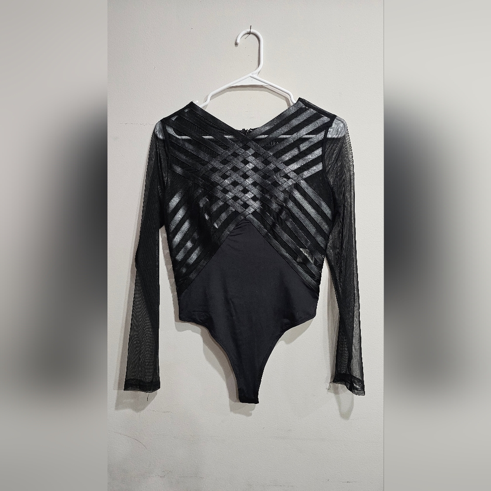 NWT AKIRA Black Faux Leather Panel Mesh Bodysuit Size M